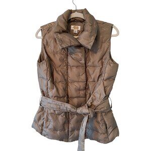 Talbots Womens Tan Puffer Vest S With Belt Goose Down Zip Up Vintage